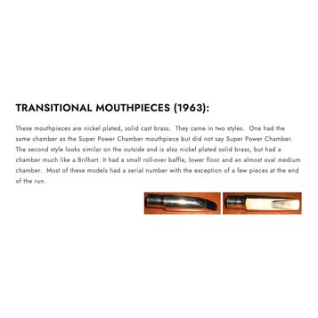 Obrázek obsahuje text s nadpisem TRANSITIONAL MOUTHPIECES (1963) a dvě fotografie náustrojů. Nástroj vlevo má stříbrný niklovaný povrch, zatímco nást…
