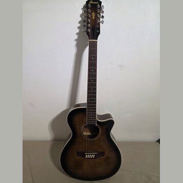 Akustická kytara s tmavě hnědým, gradientním povrchem a vyřezem u krku. Na hlavě je bílý nápis Ibanez a zlatý ornament listu. Nástroj vykazuje v dobr…