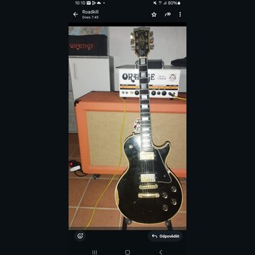 Černá elektrická kytara s tvarem singlecut a bílým rámečkem kolem těla. Na hlavě je viditelné zlaté logo Gibson. Kytara má dva humbuckery, čtyři ovlá…