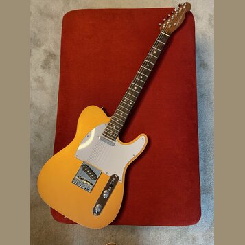Zlatá elektrická kytara typu Telecaster s bílým pickguardem a hnědým hmatníkem. Na hlavě je bílý nápis Fender. Nástroj vykazuje známky používání v po…
