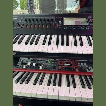 Dvě klávesové nástroje umístěné na stojanu nad sebou. Horní černý instrument nese v levém horním rohu logo Roland a vedle něj neúplný nápis ROM. Spod…