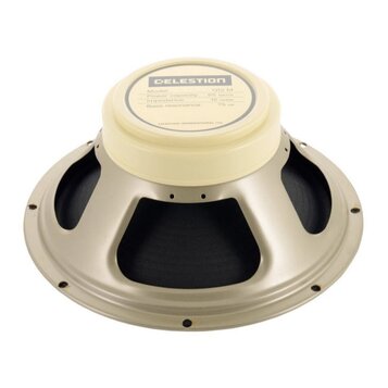 Reproduktor s béžovým magnetem a šedým kovovým rámem. Na štítku je uveden nápis CELESTION a specifikace: Model G12 M, Power capacity 65 watts, Impeda…