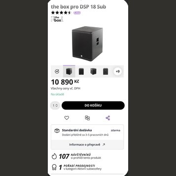 Snímek zobrazuje černý hranatý aktivní subwoofer. Na přední straně je mřížka a v dolní části malé bílé logo s nápisem the box. V horní části stránky…
