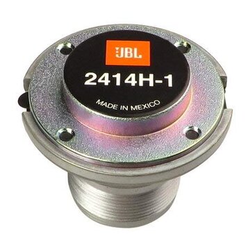 Kruhová reproduktorová jednotka z kovového materiálu stříbrné barvy. Na černé horní části je oranžové logo JBL a bílý nápis 2414H-1 s doplňkem MADE I…