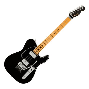 Černá elektrická kytara s jasně hnědým javorovým hmatníkem. Na hlavě je bílé logo Fender a pod ním menší nápis Telecaster. Kytara má jeden humbuker,…