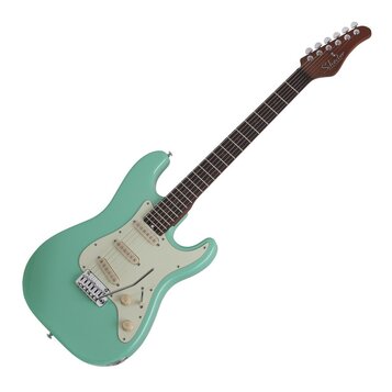 Světle zelená elektrická kytara s bílým pickguardem a hnědým hmatníkem. Na hlavě je bílý nápis Schecter. Nástroj má tři snímače, pět úhlových ladícíc…