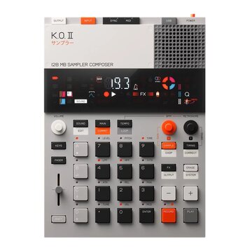 Bílý sampler s nápisy K.O. II, サンプラー a 128 MB SAMPLER COMPOSER. Zařízení má digitální displej, několik řad tlačítek v různých barvách a dvě otočné ko…