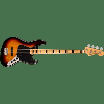 Elektrická basová kytara s tělem v provedení sunburst a černým pickguardem. Na hlavě hředu je viditelný nápis Squier JAZZ BASS. Hmatník je světle dře…