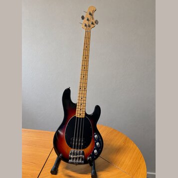 Čtyřstrunná elektrická basová kytara s tělem v červeno-žlutém sunburst provedení a černým pickguardem. Na hlavě hředu je viditelné logo Rickenbacker.…