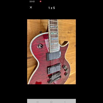 Elektrická kytara s červeným plamenovitým povrchem těla a hnědým hmatníkem. Nástroj má dva humbuckery, tři ovládací knoflíky a jednu přepínací páčku.…