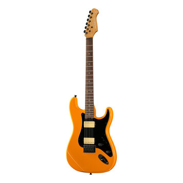 Oranžová elektrická kytara s černým pickguardem a hnědým hmatníkem. Na hlavě je viditelné logo "Larry Carlton". Nástroj má dva humbuckery v krémovém…