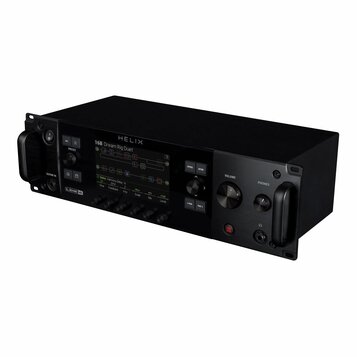 Černý rackový kytarový procesor s nápisem HELIX a logem LINE 6. Na displeji je zobrazen text 16B Dream Rig Duet a grafické schéma efektů. Zařízení má…