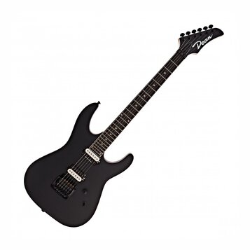 Černá elektrická kytara s matným povrchem a dvěma humbuckery. Na hlavě nástroje je bílý nápis Dean. Kytara má černý hmatník a černý hardware. Povrch…