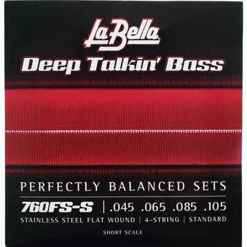 Fotografie balení basových strun značky La Bella s nápisem Deep Talkin' Bass. Na obalu je uveden model 760FS-S a rozměry .045 .065 .085 .105. Dole je…