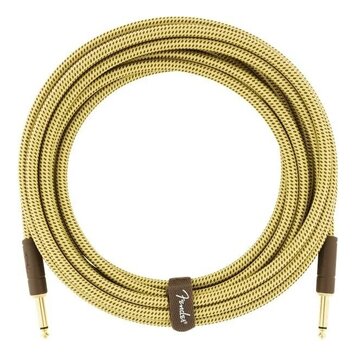 Zvitý instrumentální kabel s pleteným obalem v žluté barvě. Na hnědé koženkové stahovací pásce je bílý nápis Fender. Kabel má na koncích hnědé konekt…