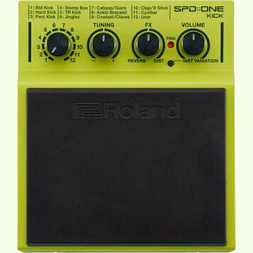Žlutý elektronický perkusní pedál s černou gumovou dopadovou plochou, na které je vyražené logo Roland. V horní části jsou čtyři otočné ovratky s pop…