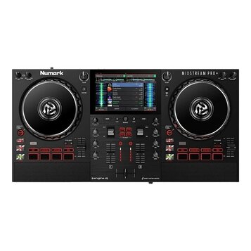 Černý DJ 컨트롤러 Numark MIXSTREAM PRO+. Zařízení má dva velké jog-wheels s bílým logem uprostřed, centrální displej a ovládací prvky s červeným podsvíce…