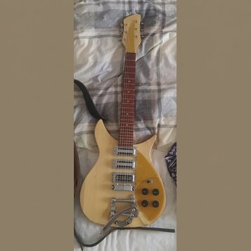 Elektrická kytara s přírodním dřevěným povrchem a hnědým hmatníkem. Nástroj má tři humbuckery, tři ovládací knoflíky a tremolo páku. Na hlavě kytary…