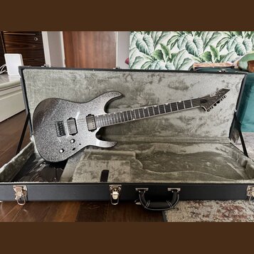 Elektrická kytara s tmavým, třpytivým povrchem v černém tvrdém kufru. Na hlavě kytary je viditelné logo ESP. Nástroj má dva humbuckery, jeden tónový…