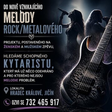 Reklamní grafika s textem hledání kytaristy do rock/metalového projektu Melody. Na obrázku je zobrazená tmavá elektrická kytara s vlnitým povrchem dř…
