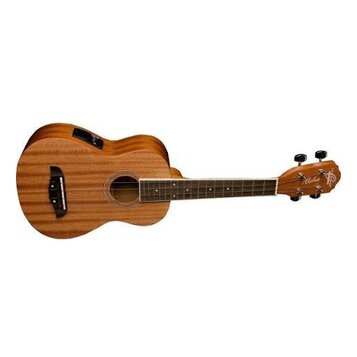 Akustické ukulele s dřevěným povrchem a vyřezem v těle. Na hlavě je viditelné logo "Aloha" a červený symbol ve tvarce P v kruhu. Nástroj má hnědý ods…