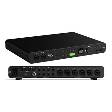 Černý zvukový interface s nápisy evo AUDIENT a EVO 16. Horní panel obsahuje kombinované konektory, řadu tlačítek s čísly 1 až 8, zelený svítící prvek…