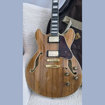 Polodupatá elektrická kytara s přírodním dřevěným povrchem a f-otvory. Nástroj má dva humbuckery, zlatý most a zlaté ovládací knoflíky. Na kytaru je…