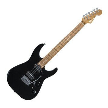 Černá elektrická kytara s hnědým javorovým hmatníkem a hlavou. Na hlavě je viditelné logo "Cort". Kytara má dva humbuckery, tremolo most a dvě ovláda…
