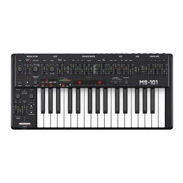 Černý analogový synthesizér s klaviaturaí. Na pravé straně panelu je bílý nápis MS-101 a v levém dolním rohu logo behringer. Horní panel obsahuje řad…