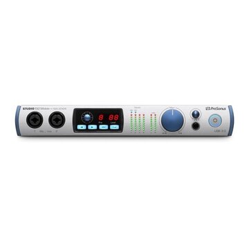 Stříbrný zvukový interface s modrými prvky. Na horní hraně je nápis STUDIO 192 Mobile • 192k 22x26 a vpravo logo PreSonus. Zařízení obsahuje dva komb…