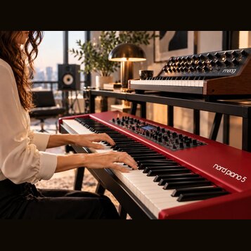 Červený digitální klavír s nápisem nord piano 5. Nástroj má bílé a černé klávesy a ovládací panel s několika knoflíky a displejem. V pozadí je umístě…