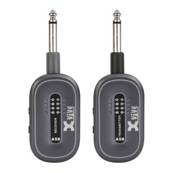 Dvě šedé bezdrátové jednotky s připojenými 6,3mm jack konektory. Levá jednotka má nápisy RECEIVER a A58, pravá jednotka má nápisy TRANSMITTER a A58.…