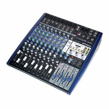 Míchací pult PreSonus StudioLive AR12c v modré barvě. Na horní části je vidět nápis STUDIOLIVE AR12c a logo PreSonus. Zařízení obsahuje řadu knoflíků…