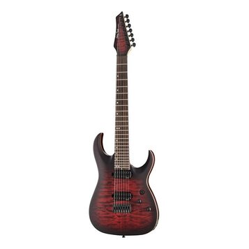 Elektrická kytara s tmavě červeným plamenovitým povrchem těla a hnědým stupňovaným okrajem. Má dva černé humbuckery, fixační most a šest ladicích kol…