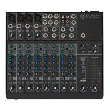 Černý mixážní pult s nápisem 1202VLZ4 a doplňkem 12-CHANNEL MIC/LINE MIXER WITH ONYX PREAMPLIFIERS. Horní část obsahuje vstupní konektory XLR a jack,…
