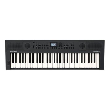 Černý digitální klavír s bílými a černými klávesami. Na levé straně je nápis Roland a na pravé straně označení GO:KEYS 5. Horní panel obsahuje disple…