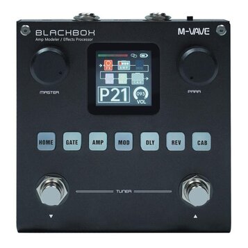 Černý efektový procesor s nápisy BLACKBOX Amp Modeler / Effects Processor a M-VAVE. Zařízení má displej s označením P21, dva otočné knoflíky s popisk…