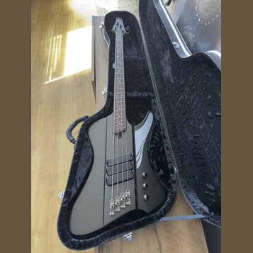 Šedá elektrická basová kytara s tmavým hnedým hmatníkem, umístěná v černém tvrdém kufru. Na těle jsou dva humbuckery a tři ovládací knoflíky. Na hlav…