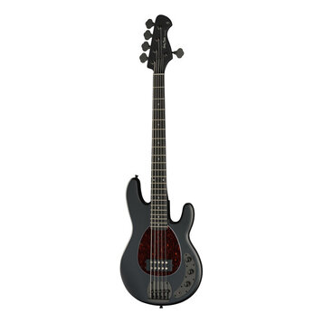 Černá elektrická basová kytara s pěti strunami a tmavým hmatníkem. Na hlavě je bílý nápis "Hofner". Tělo má červenobrowný torties pickguard a stříbrn…