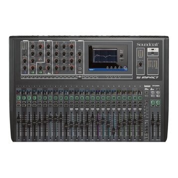 Černý mixovací pult s nápisem Soundcraft a modelem Si impact. Horní část obsahuje řadu otočných knoflíků, sekci dbx a displej s grafem. Spodní část j…