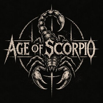 Grafický obrázek s bílým nápisem AGE OF SCORPIO na černém pozadí. V dopřední části je stylizovaný nápis, za kterým se nachází ilustrace škorpýna v kr…